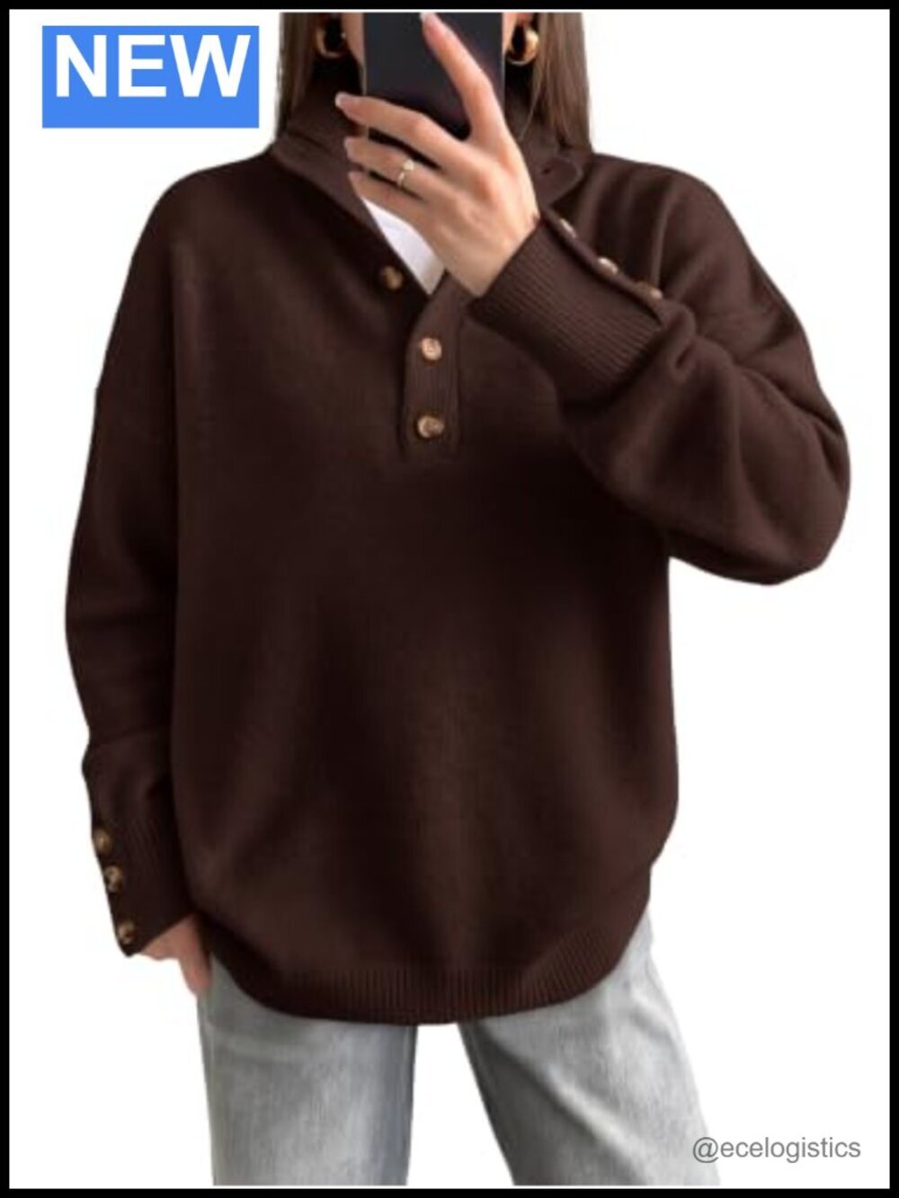 Long Sleeve Knit Henley Sweater Pullover Turtle Neck Button Placket Soft Loose